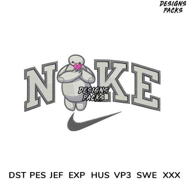 Embroidery design featuring Baymax holding heart with 'NOKE' text and Nike swoosh, available in PES, DST, JEF formats