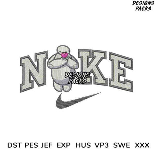 Embroidery design featuring Baymax holding heart with 'NOKE' text and Nike swoosh, available in PES, DST, JEF formats