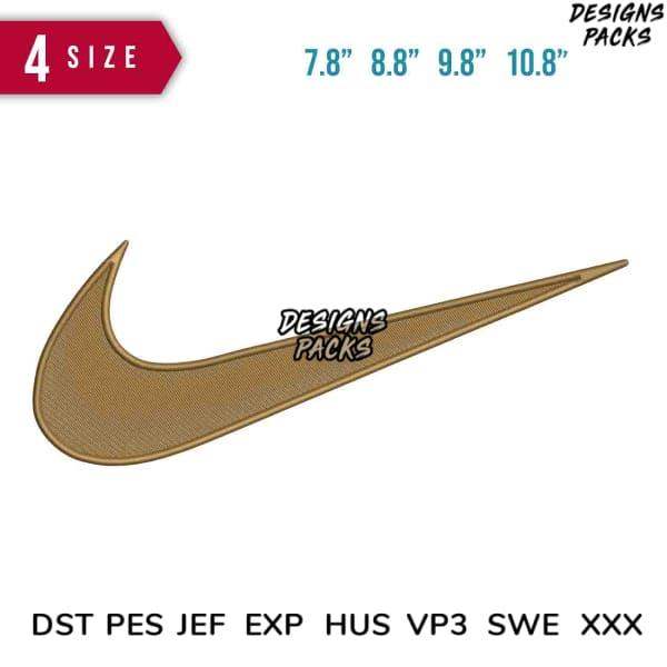 Gold Nike Swoosh embroidery design in 4 sizes, compatible with DST PES JEF formats for instant download.