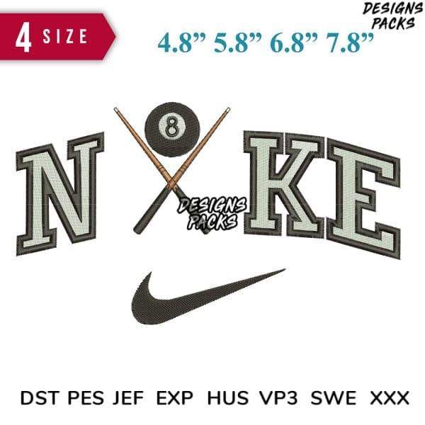Embroidery design with Nike-style logo, 8-ball, crossed cues, 4 sizes, DST PES formats for instant download