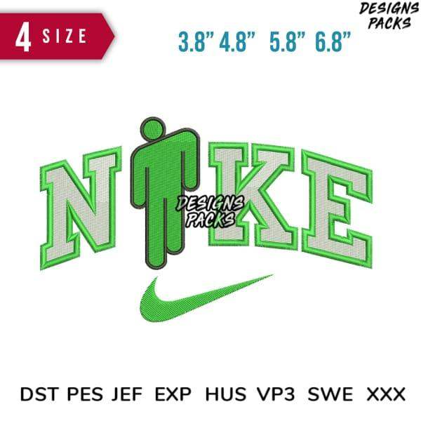 Green Nike-style embroidery design with 4 sizes, compatible with DST PES JEF formats for instant download