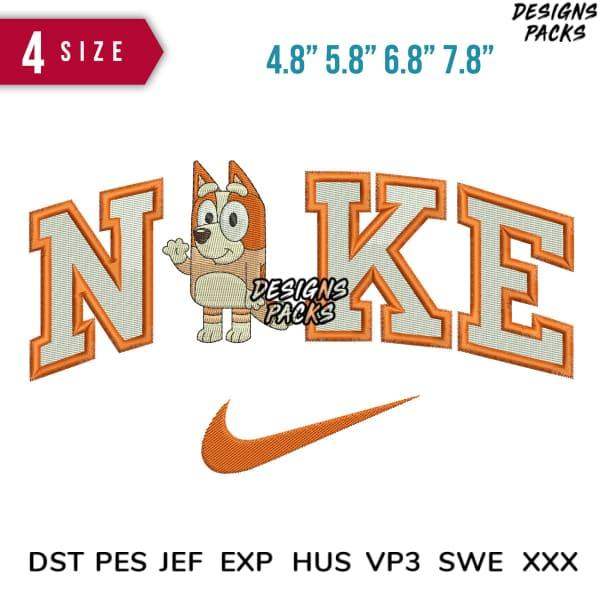 Embroidery design with cartoon dog and 'NIKE' text in orange, 4 sizes, DST PES JEF formats