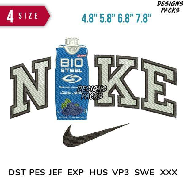Nike-inspired embroidery design with Bio Steel bottle, 4 sizes, DST PES formats for apparel