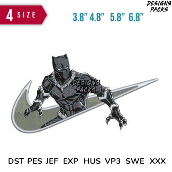 Black Panther embroidery design in 4 sizes, compatible with DST PES JEF formats for instant download.