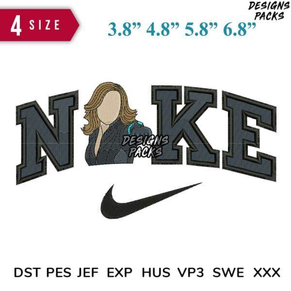 Embroidery design with 'NAKE' text, woman silhouette, and Nike swoosh in 4 sizes, compatible with DST, PES, JEF formats.