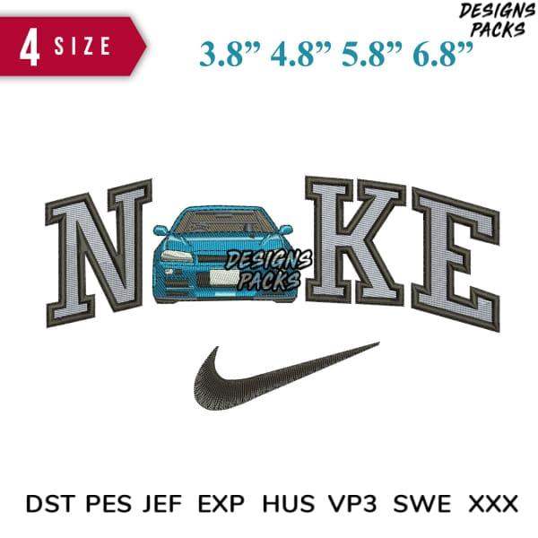 Embroidery design featuring car in 'NOKE' text with Nike swoosh, available in 4 sizes and multiple file formats
