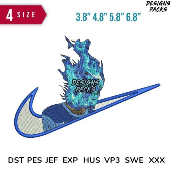 Blue flame embroidery design with Nike swoosh, available in multiple sizes and formats