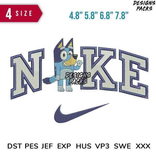 Embroidery design featuring Bluey character with Nike-style text and swoosh, available in multiple sizes and formats.