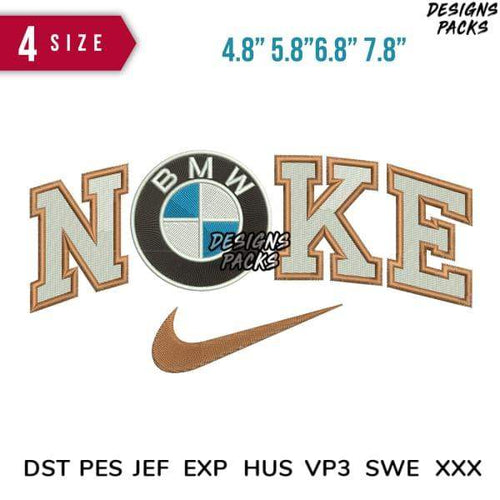 Embroidery design featuring NOKE text, BMW logo, and Nike swoosh in multiple sizes, print-ready formats
