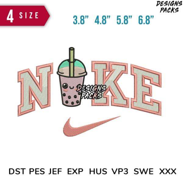Cute boba tea embroidery design with 'NIKE' lettering, 4 sizes, PES DST formats for instant download