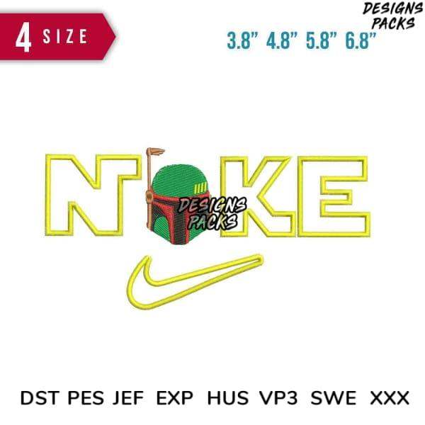 Embroidery design featuring Boba Fett helmet with 'NOKE' text and swoosh, available in PES, DST, EXP formats