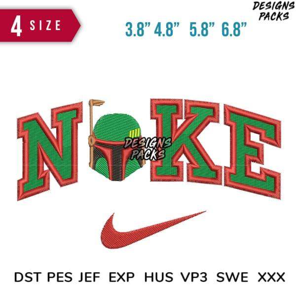 Embroidery design featuring 'NOKE' with Boba Fett helmet, Nike swoosh, 4 sizes, DST PES formats