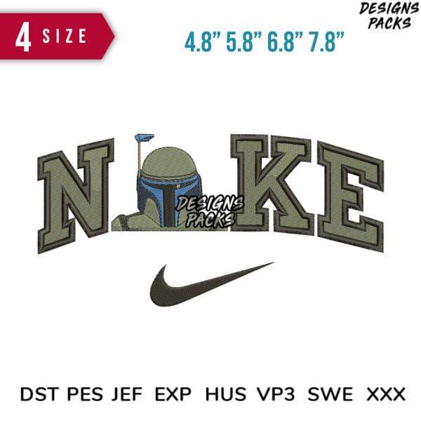 Boba Fett helmet in Nike logo embroidery design, 4 sizes, PES DST formats for instant download