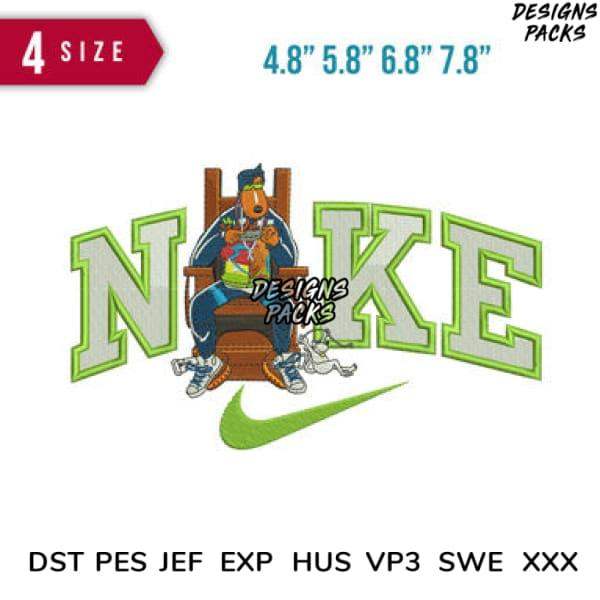 Embroidery design featuring cartoon character on chair with 'NIKE' lettering, available in PES, DST, EXP formats