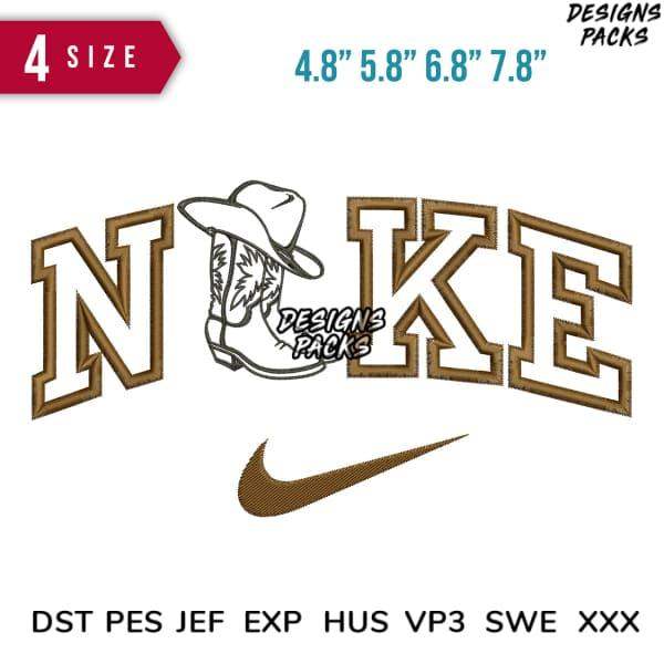 Cowboy boot with hat in 'NIKE' lettering, embroidery design in 4 sizes, formats DST PES JEF EXP