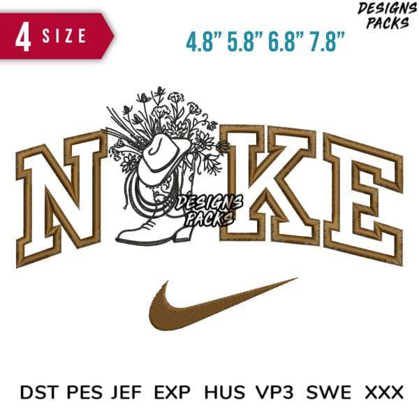 Embroidery design with cowboy boot, flowers, and Nike-style text in 4 sizes, compatible with DST PES JEF formats
