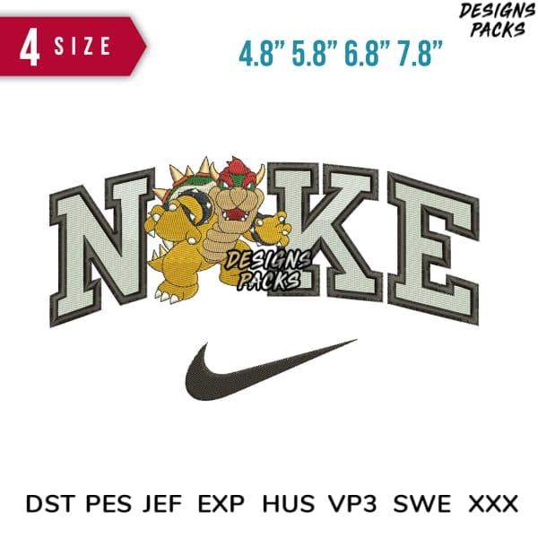 Bowser-inspired embroidery design with 'NOKE' text and Nike swoosh, available in multiple sizes and formats