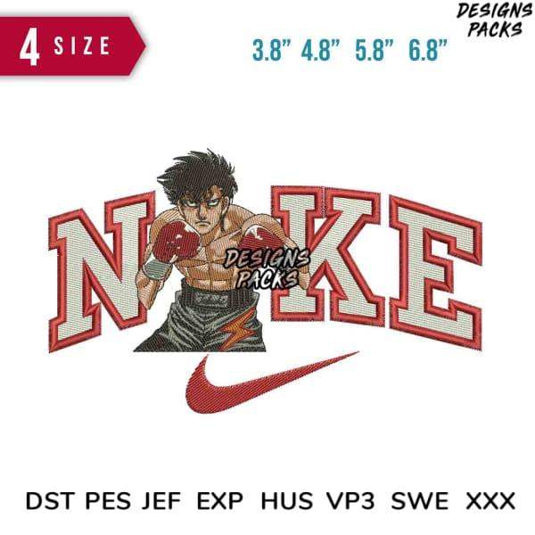 Boxer character embroidery design with Nike-style logo, available in multiple sizes and formats