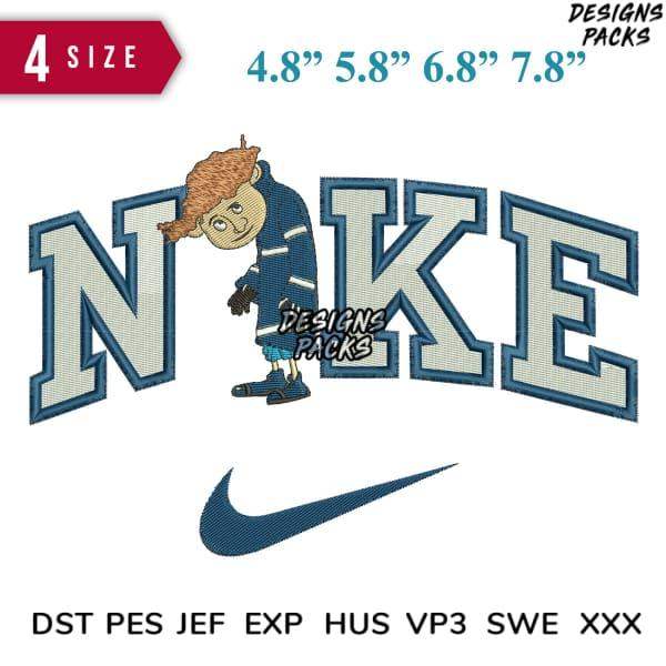 Embroidery design featuring cartoon character with 'NIKE' lettering and swoosh, available in multiple sizes and formats