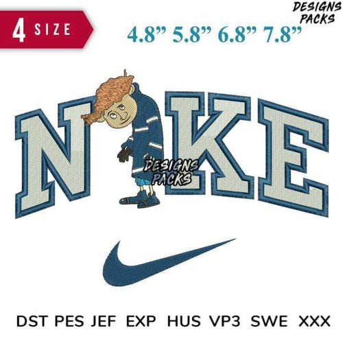 Embroidery design featuring cartoon character with 'NIKE' lettering and swoosh, available in multiple sizes and formats