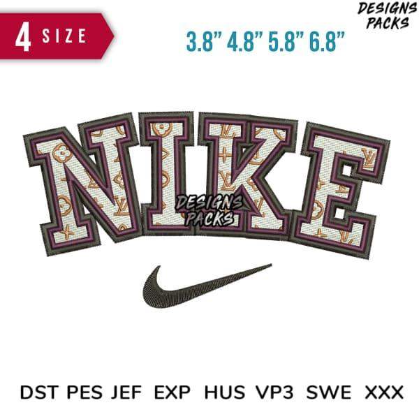 Nike-style embroidery design with monogram pattern, available in 4 sizes and multiple file formats for instant download.