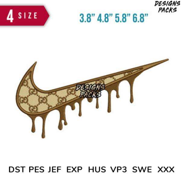 Embroidery design with dripping chocolate Nike swoosh pattern in multiple sizes
