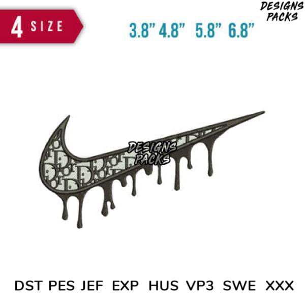 Dripping Nike Swoosh embroidery design in 4 sizes, compatible with DST PES JEF formats for instant download.