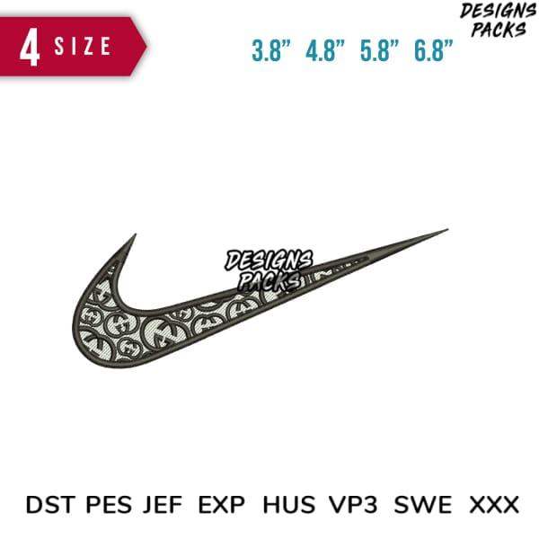 Embroidery design of Nike swoosh with Gucci pattern, available in PES, DST, JEF formats for instant download.