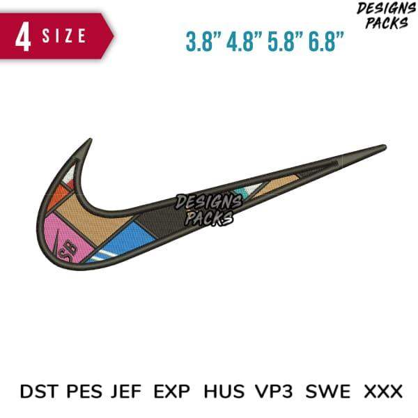 Colorful geometric Nike swoosh embroidery design in 4 sizes, PES DST JEF formats for instant download