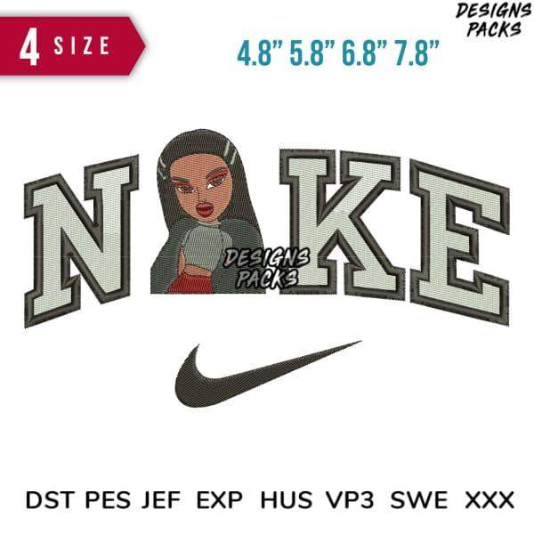 Embroidery design with 'NAKE' text, girl graphic, Nike swoosh, available in DST PES JEF formats, 4 sizes