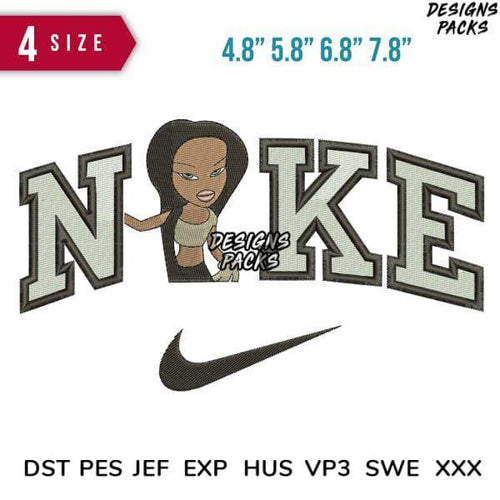 Embroidery design with 'NOKE' text, cartoon girl, and swoosh logo in 4 sizes, PES DST formats