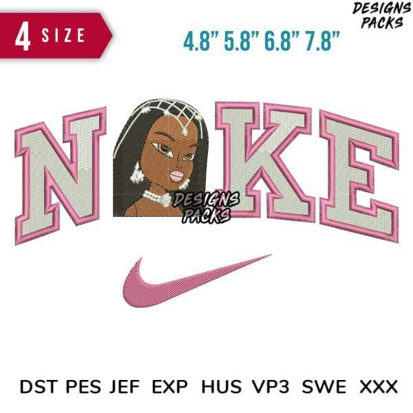 Embroidery design with 'NOKE' text, girl graphic, and Nike swoosh in pink, available in multiple sizes and formats.
