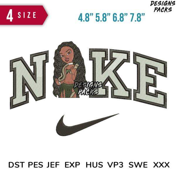 Embroidery design featuring 'NOKE' text with character, Nike swoosh, 4 sizes, DST PES formats
