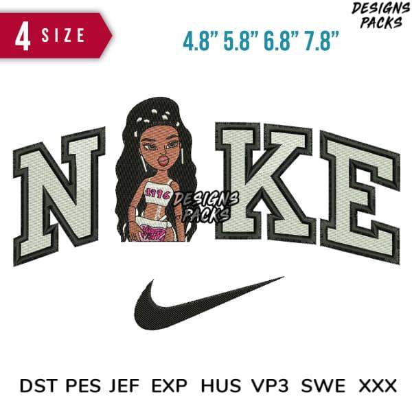 Embroidery design with 'NOKE' text, girl graphic, and swoosh logo in 4 sizes, DST PES JEF formats