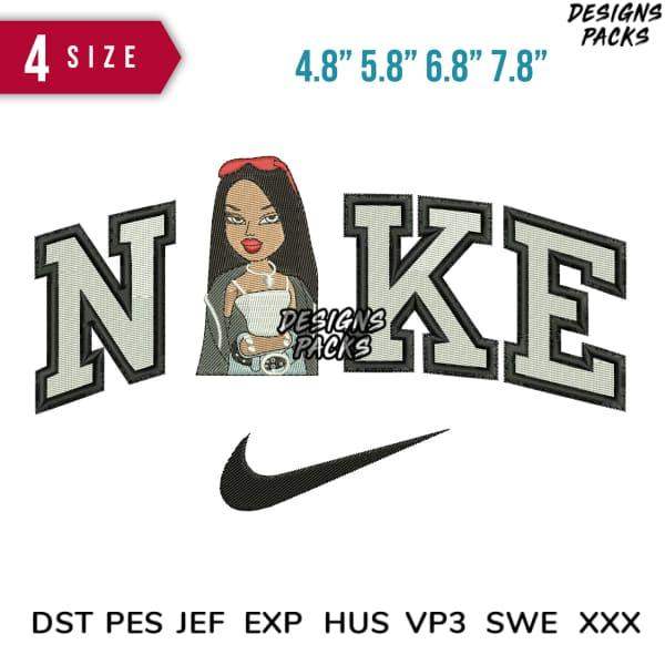 Embroidery design featuring 'NAKE' text with girl graphic, Nike swoosh, 4 sizes, DST PES JEF formats