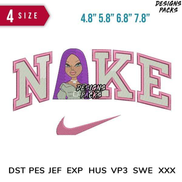 Embroidery design with 'NAKE' text, purple-haired character, and Nike swoosh in pink, available in multiple sizes and formats.