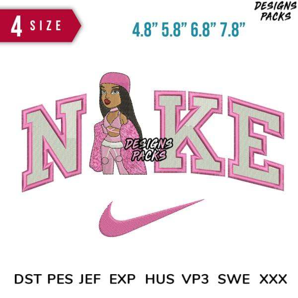 Pink Nike-style embroidery design with girl graphic, 4 sizes, DST PES JEF formats