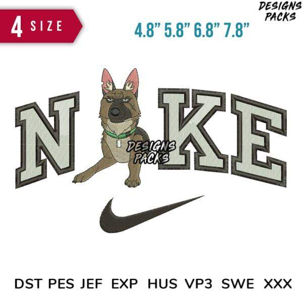 Embroidery design featuring a dog with 'NAKE' text and Nike swoosh, available in multiple sizes and formats