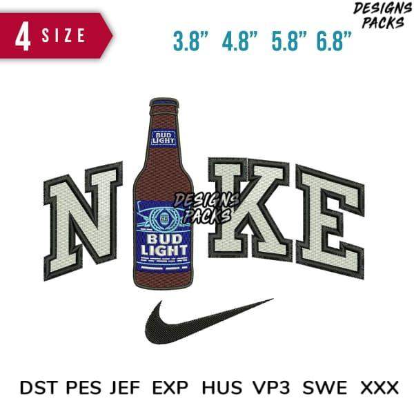 Embroidery design featuring Bud Light bottle with Nike logo, available in multiple sizes and formats.