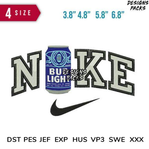 Embroidery design featuring 'NIKE' with Bud Light can, 4 sizes, DST PES JEF formats