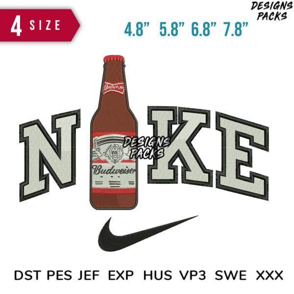 Embroidery design featuring Budweiser bottle with Nike swoosh, 4 sizes, DST PES JEF formats