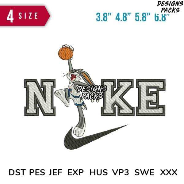 Bugs Bunny dunking basketball over Nike logo, embroidery design in 4 sizes, PES DST formats