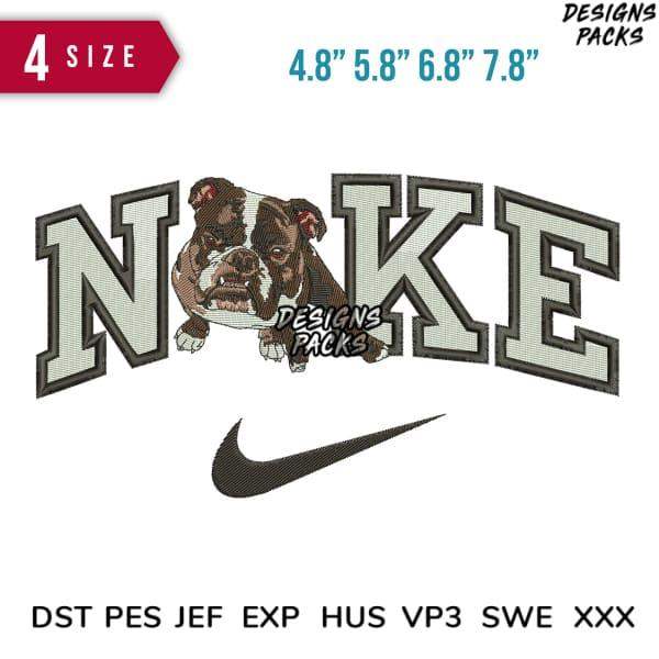 Bulldog mascot in bold 'NIKE' lettering, embroidery design bundle with 4 sizes, DST PES formats