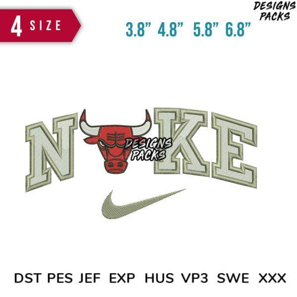 Embroidery design featuring bull head and 'NIKE' lettering in 4 sizes, compatible with DST PES JEF formats