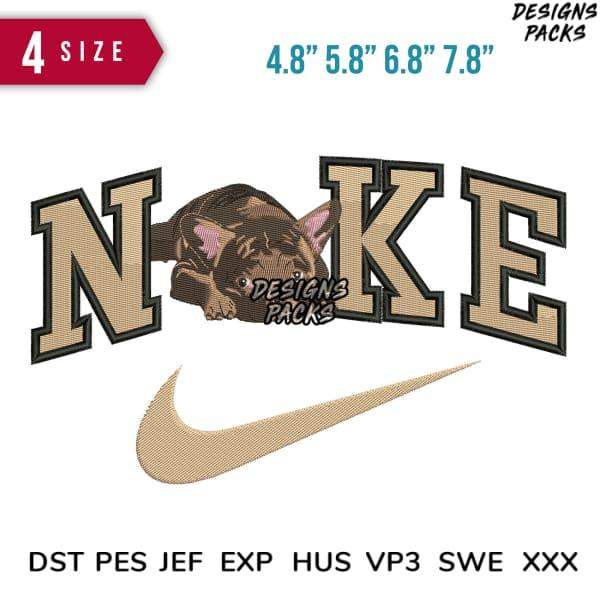 Embroidery design with puppy peeking from 'NOKE' text and swoosh, available in multiple sizes and formats.