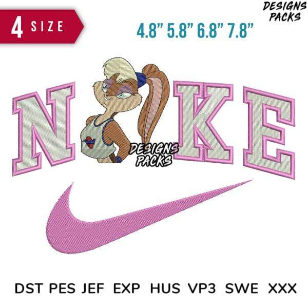 Embroidery design featuring cartoon character with 'NIKE' text and swoosh, available in multiple sizes and formats