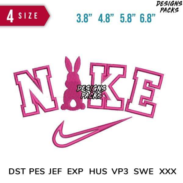 Pink embroidered bunny with 'NAKE' text and swoosh, available in 4 sizes, DST PES formats