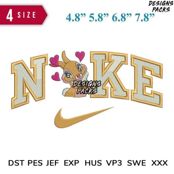Embroidery design with cute bunny, hearts, and Nike-style swoosh in gold, available in multiple sizes and formats