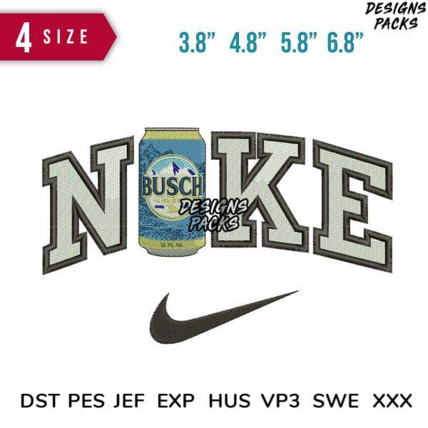 Embroidery design featuring 'NOKE' with Busch beer can, Nike swoosh, 4 sizes, DST PES JEF formats