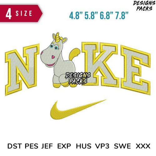 Embroidery design with unicorn and 'NIKE' text in gold, available in multiple sizes and formats like PES, DST, EXP.